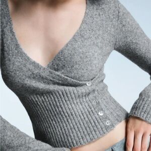 Bershka Gray V-Neck Buttoned Ribbed-Waist Sweater
